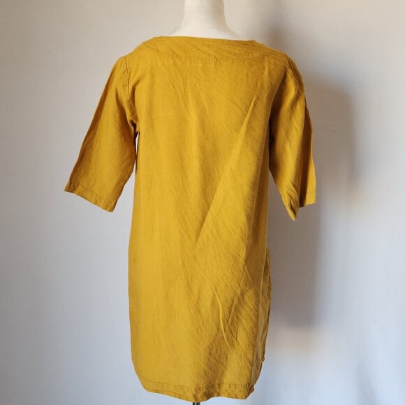 LO Len Ok 100% Linen Lagenlook Mini Shift Dress Half Sleeve Pocket Yellow - Picture 4 of 7